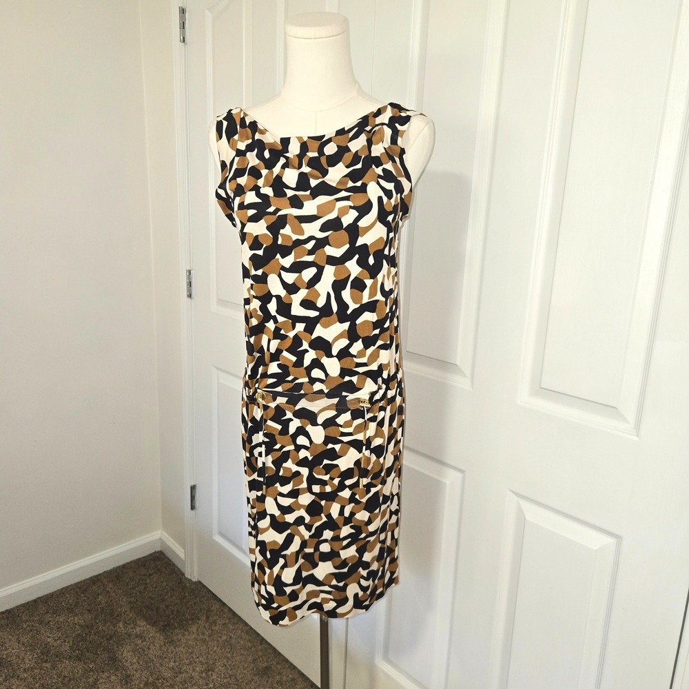 Diane von Furstenberg Silk Dress Womens 4 Black Camel Abstract Cowl Back Mini